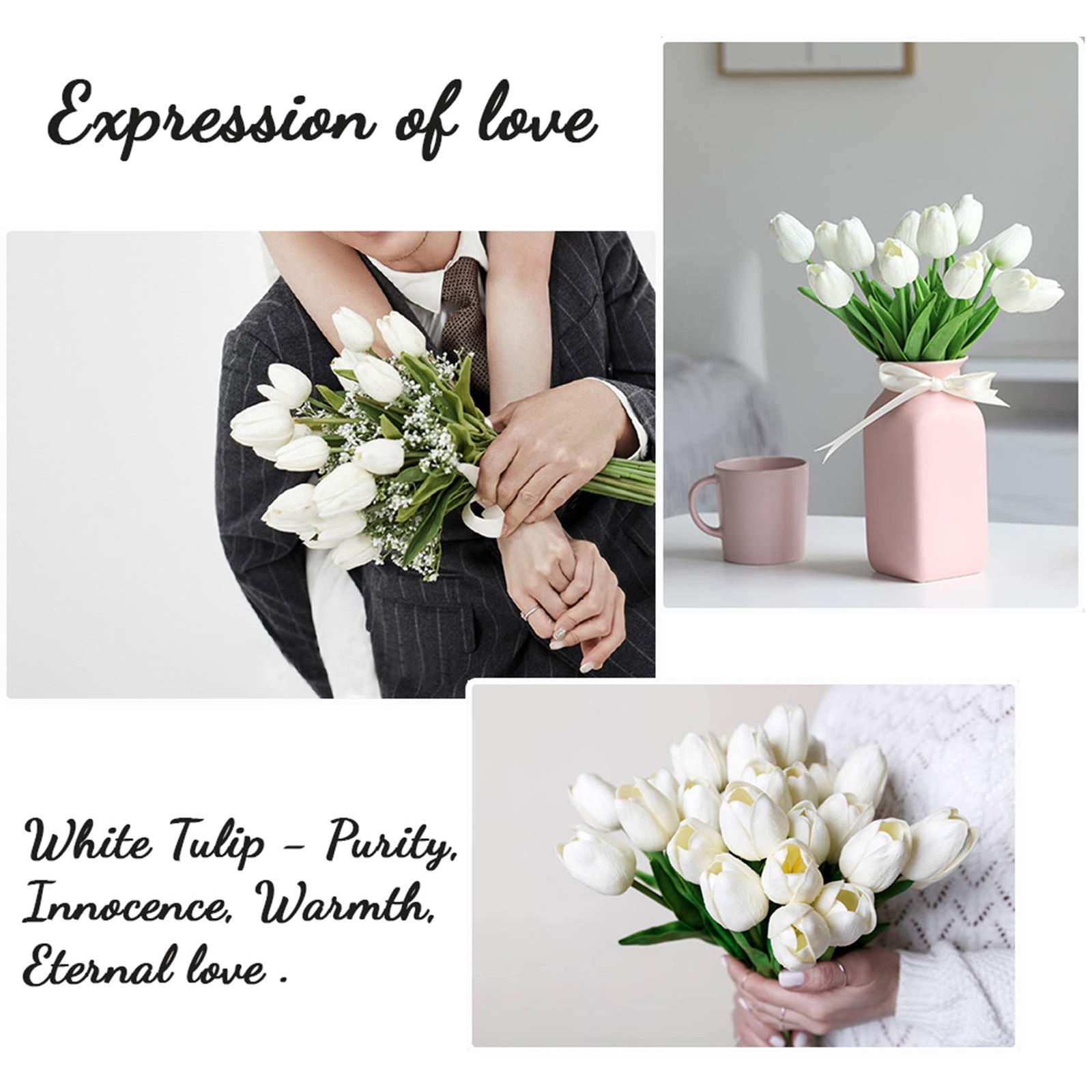 Artificial Flowers 30pcs 14″ Tall Faux Tulips, White PU Fake Tulips Flowers f…