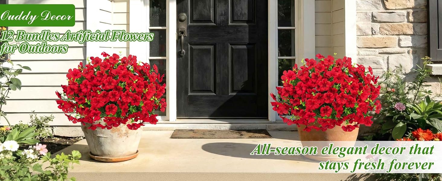 12 Pcs Artificial Silk Geranium Flowers for Outdoors, Red | Fake silk flowers,