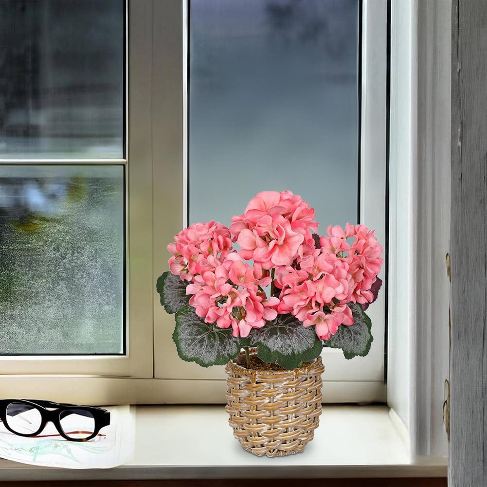 Artificial Pink Geranium Flowers in Woven Basket, 11’’ Tall Silk Flower Arrangem