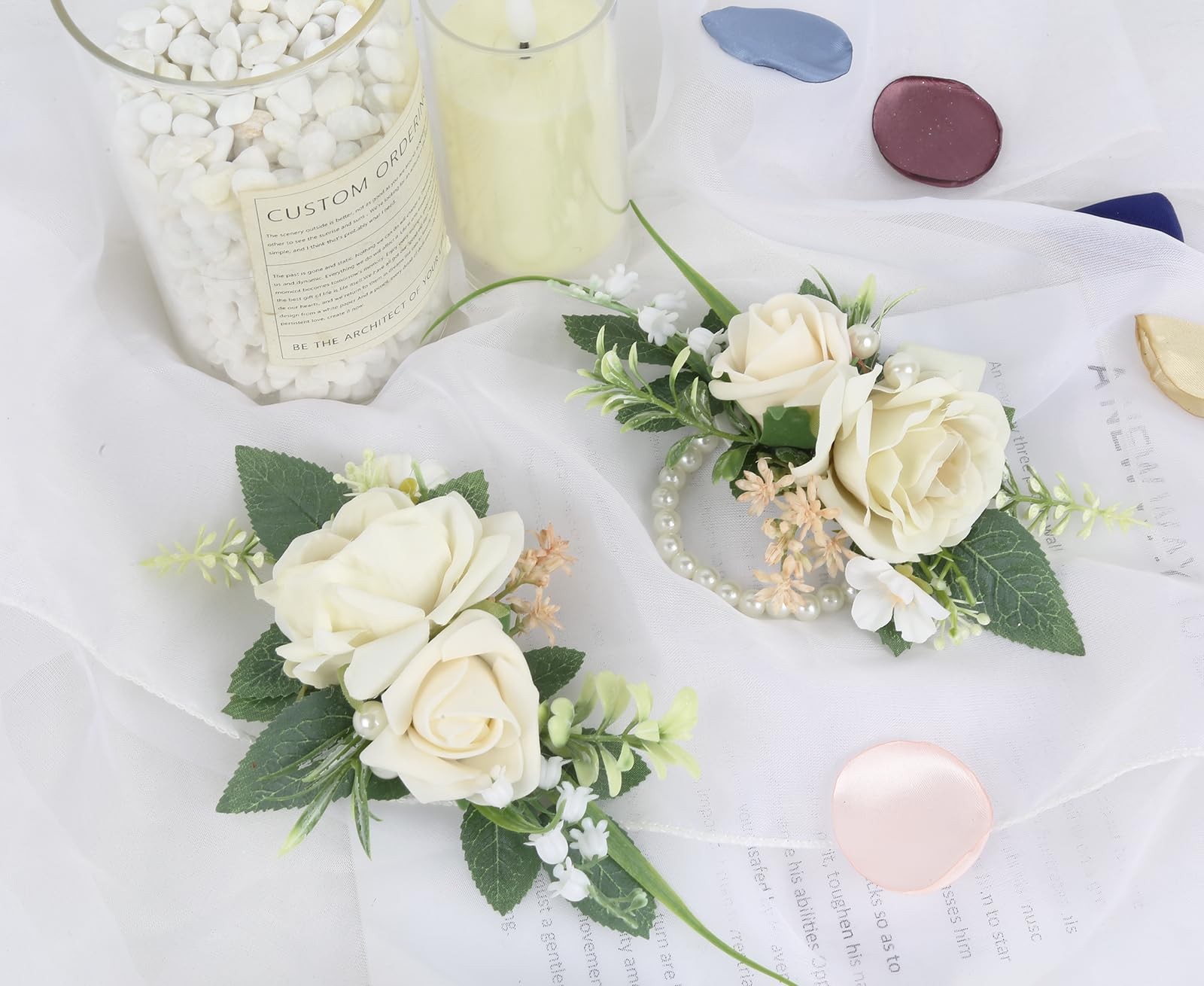 Wrist Corsage Boutonniere Set Ivory Rose Artificial Flowers Prom Wedding Decor