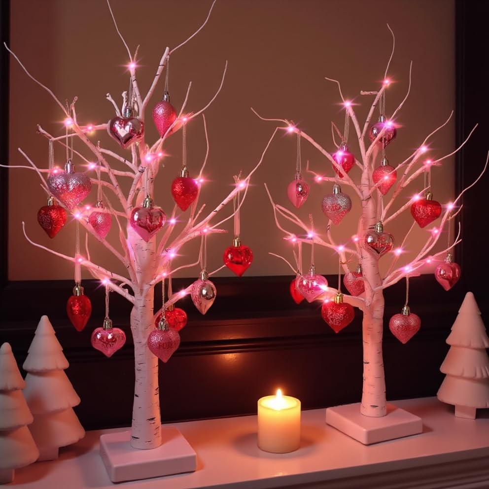 LED Birch Tree Decor with Hearts, 24″ Tabletop, Timer, USB & Battery Operated