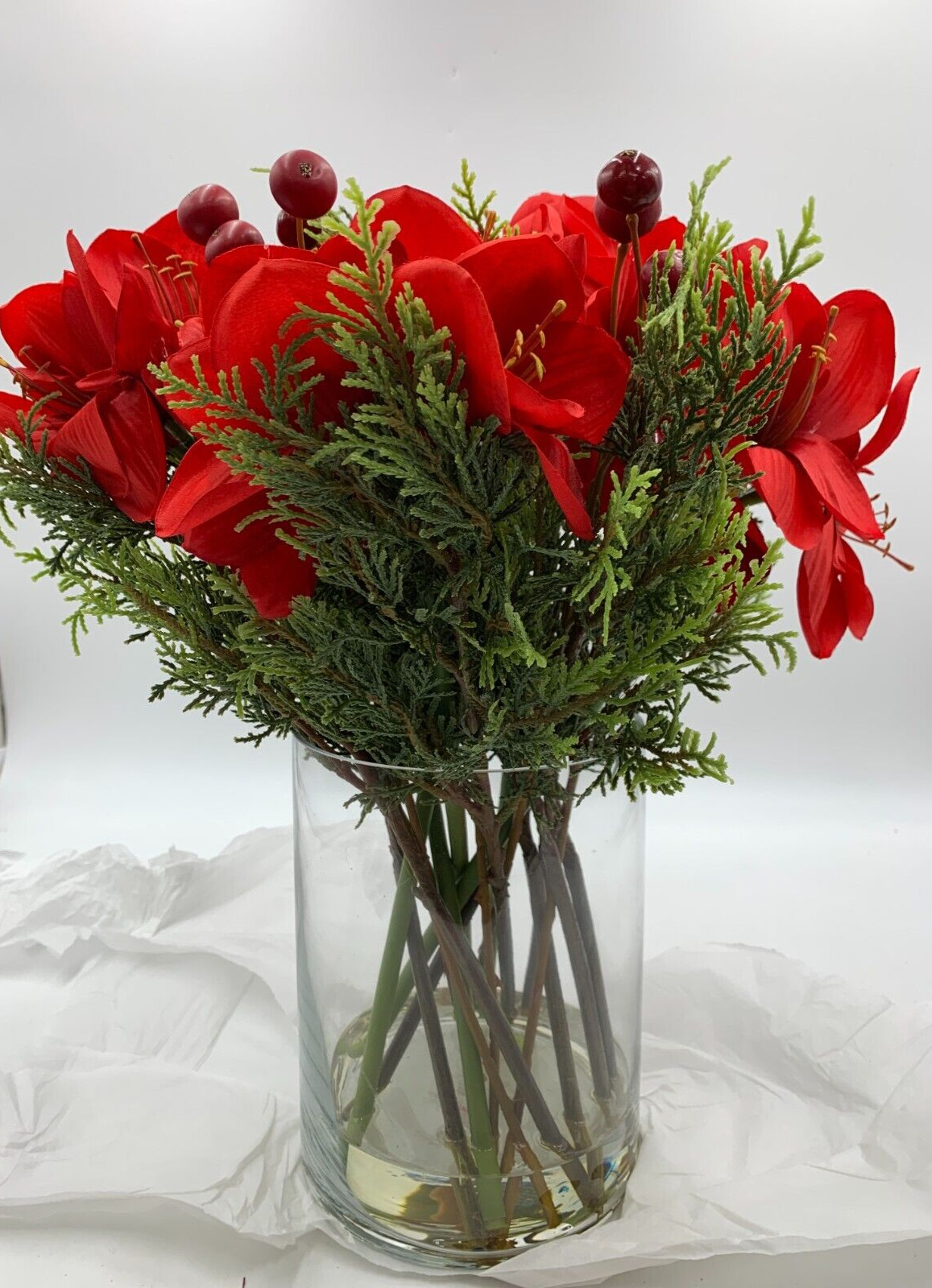 Pottery Barn Faux Amaryllis Floral Composed Holiday Arrangement Red 17″ #4527A