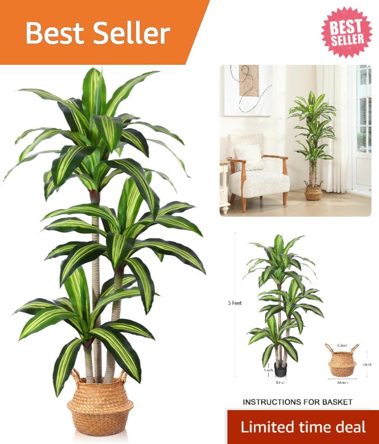 Elegant 5ft Faux Dracaena Tree in Woven Seagrass Basket – Indoor/Outdoor Decor
