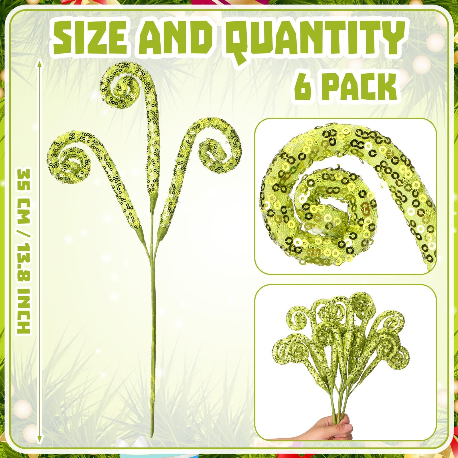 6 Pcs Christmas Glitter Picks Lime Green Sequins Curly 13.8 Inch Christmas Tr…