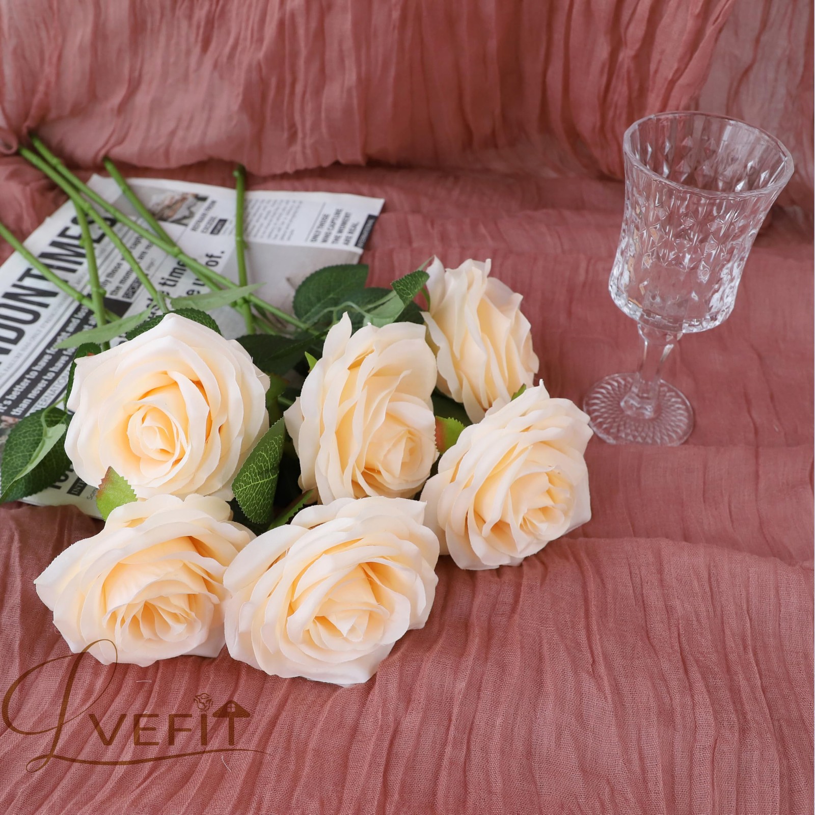 12pcs Artificial Rose Flower Champagne Flower With Long Stem Silk Roses Bouquet