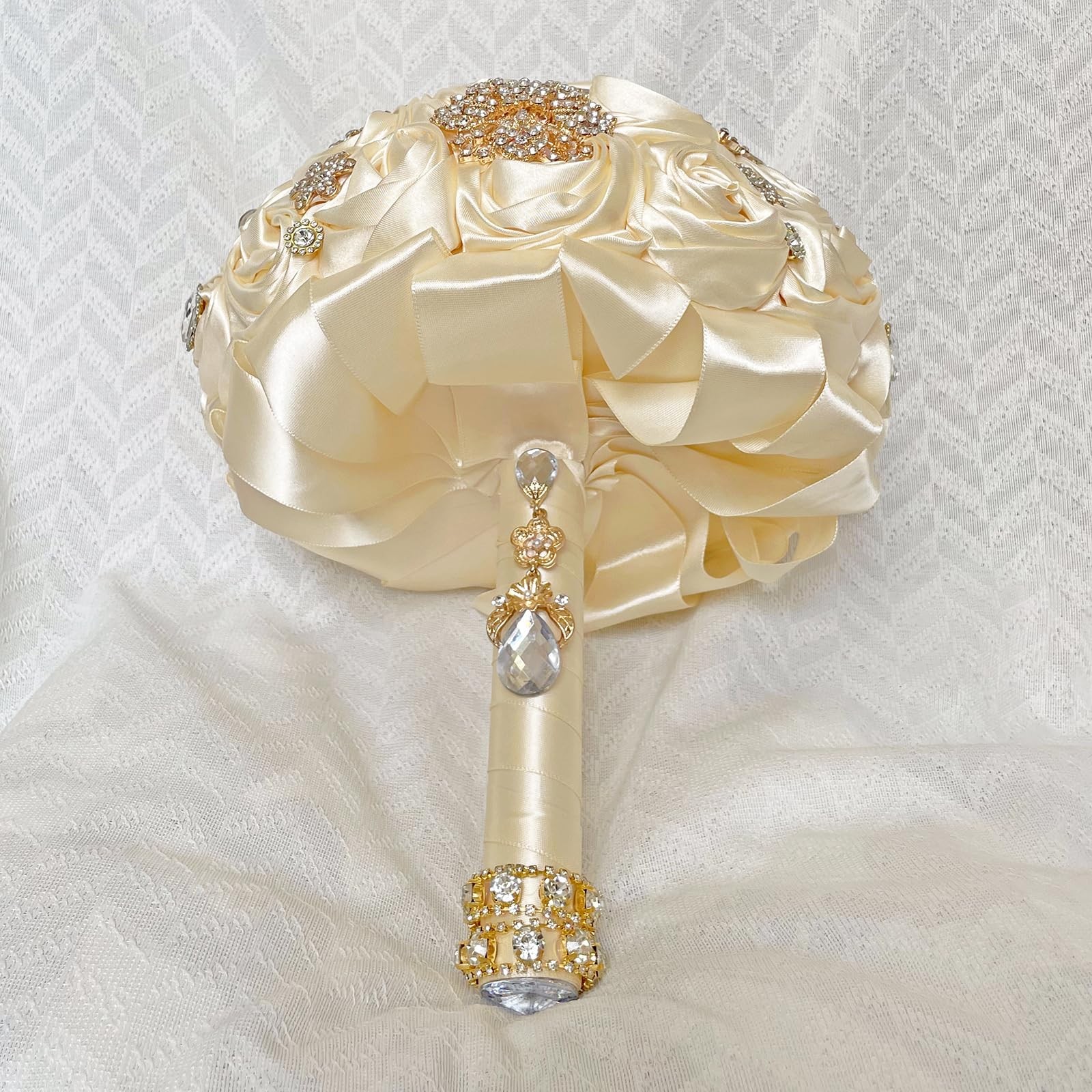 Handmade Satin Rose Floral Bling Pearl Decor Bridal Wedding Bouquet Rhineston…