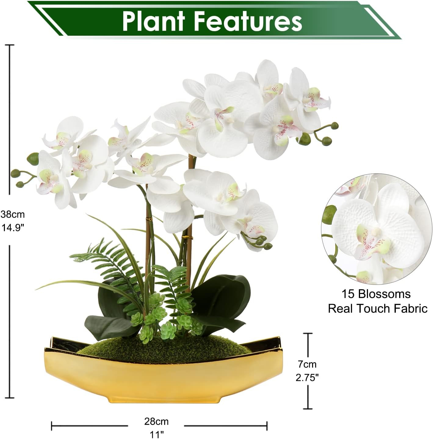 Real Touch 15″ White Phalaenopsis Orchid in Gold Pot – Home Decor Centerpiece