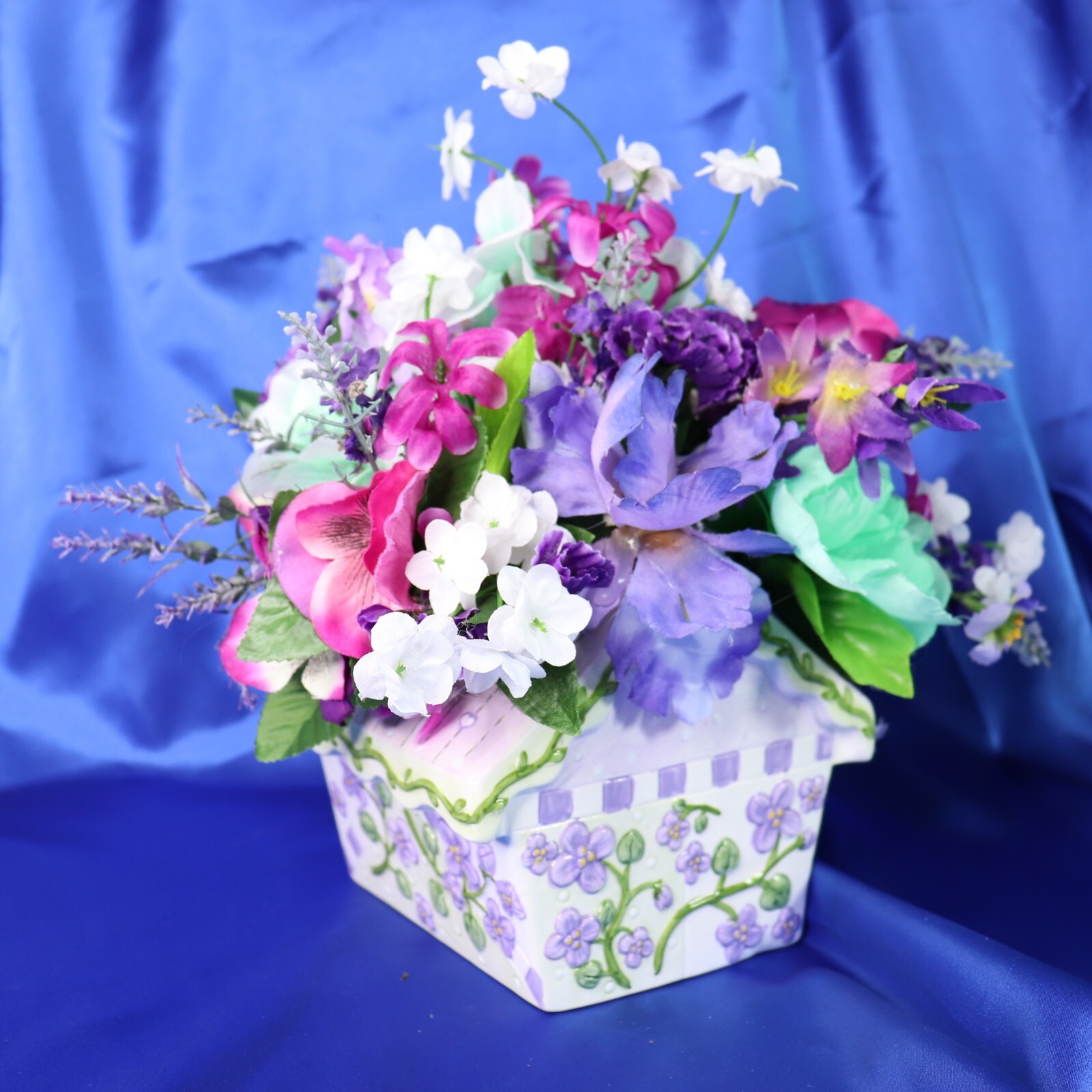 Cute Ceramic Birdhouse Flower Arrangement Purple Fuchsia Green White Blue