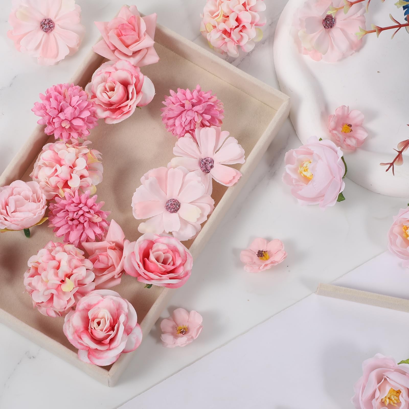 Mini Pink Fake Rose Flowers Silk Fabric Crafts DIY Faux Rose Heads 63 PCS