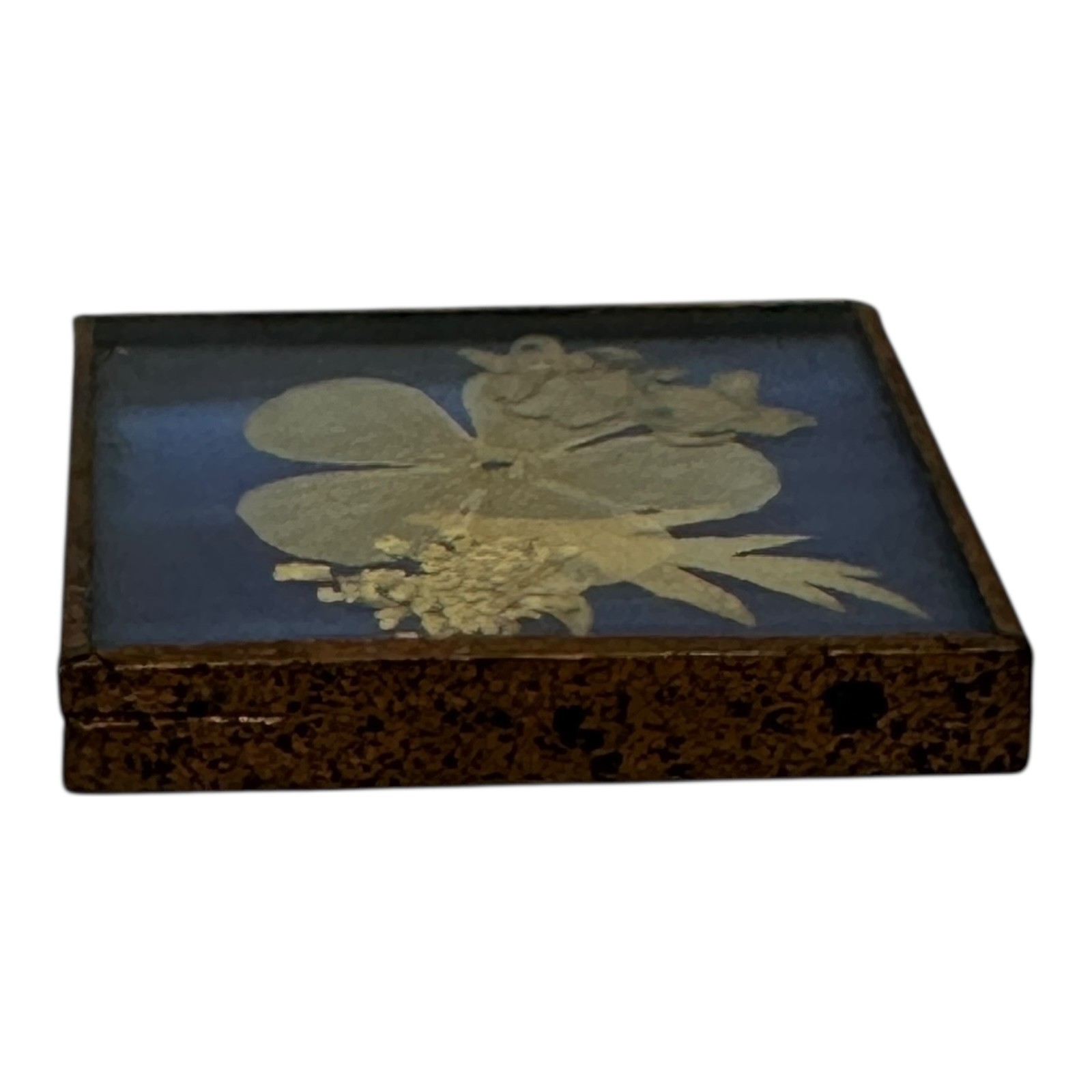 Vintage 70s BC Canada Pressed Flower Fused Glass Tile Cobalt Copper Frame 1½”