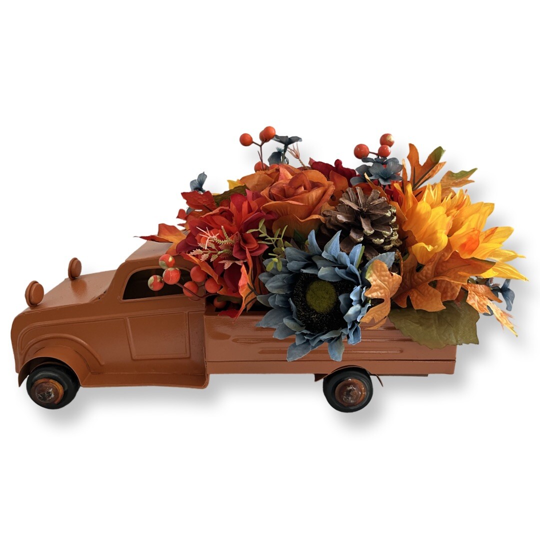 Large Autumn Table Top Old fashion Truck Floral Arrangement 19in Long