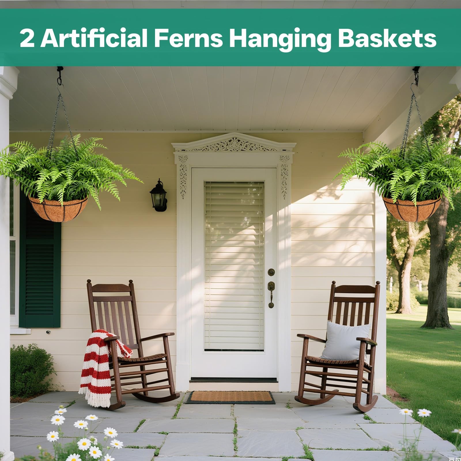 PABREY 2 Set Fake Ferns with Hanging Baskets, UV Resistant Fake Hanging Ferns…