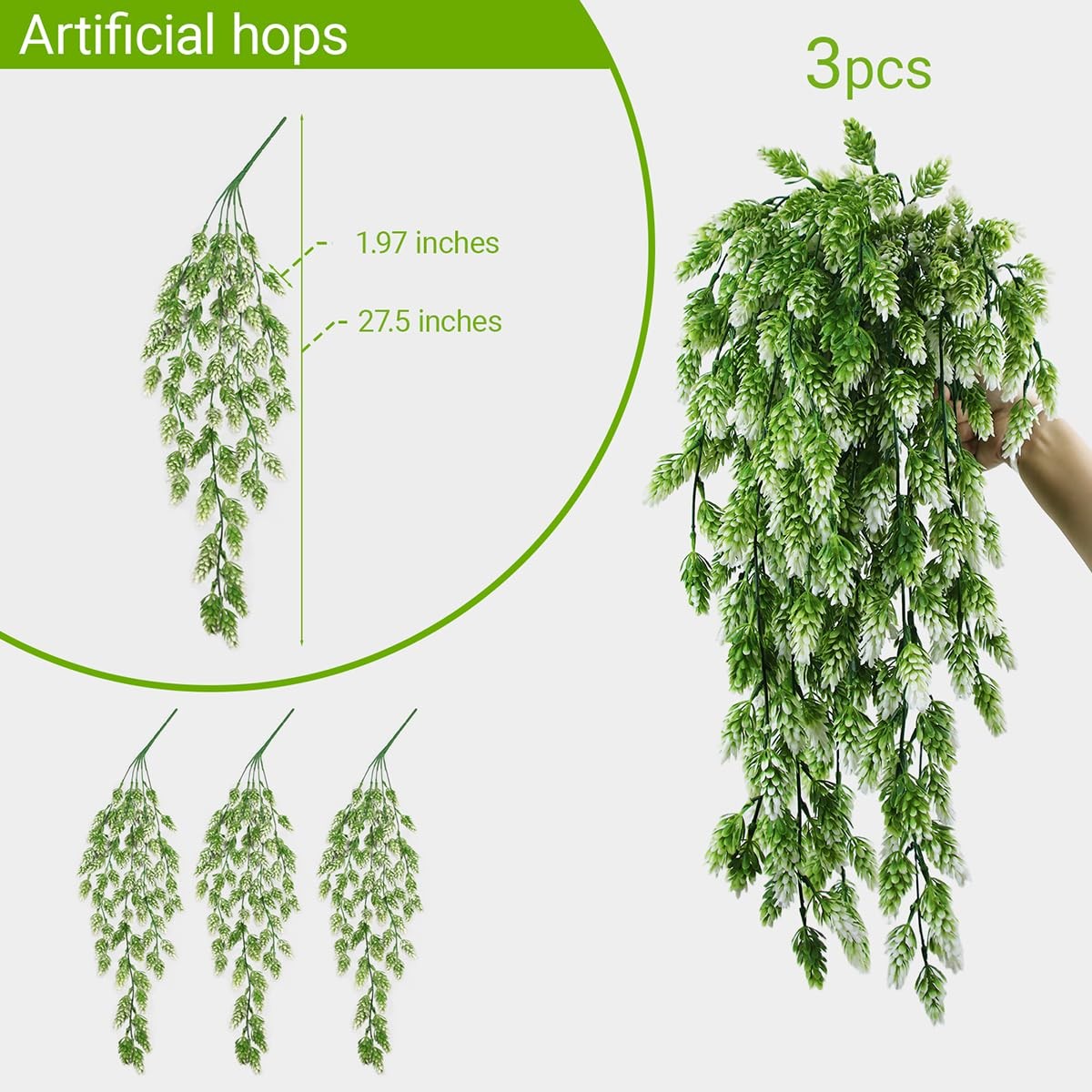 3Pcs Artificial Hops Fake Hanging Plant Plastic Vines Hanging Plants Decor Fa…