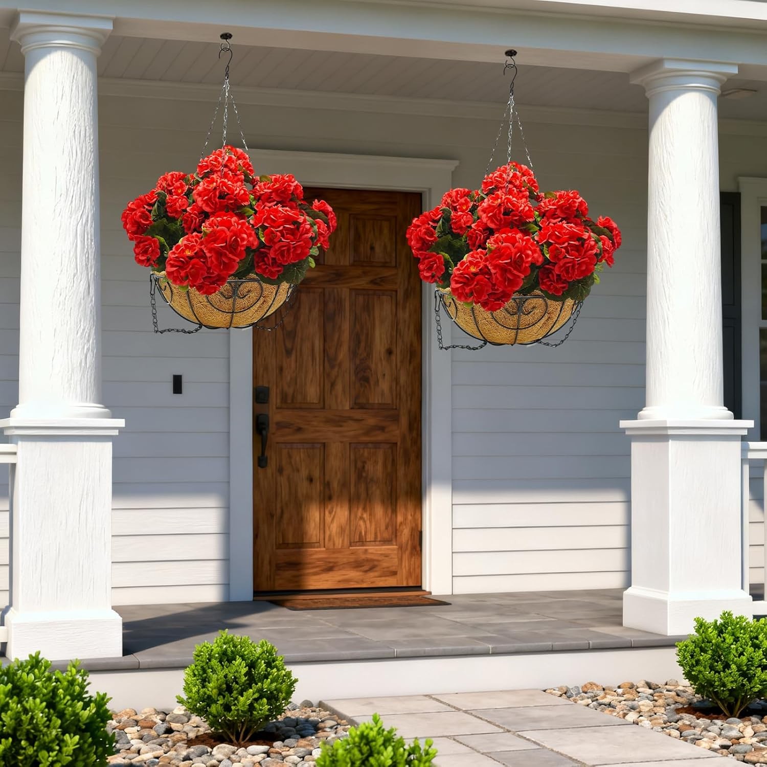 2 x Red Artificial Geranium Hanging Basket,Outdoor Christmas Porch Garden Decor