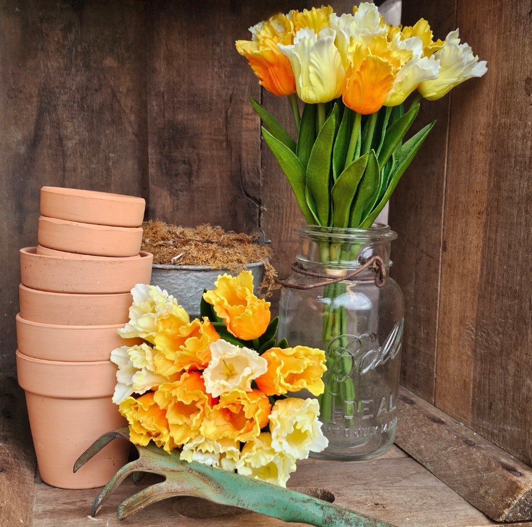 Real Touch orange yellow Artificial Tulips 12 Flower Stems LOOK REAL Spring