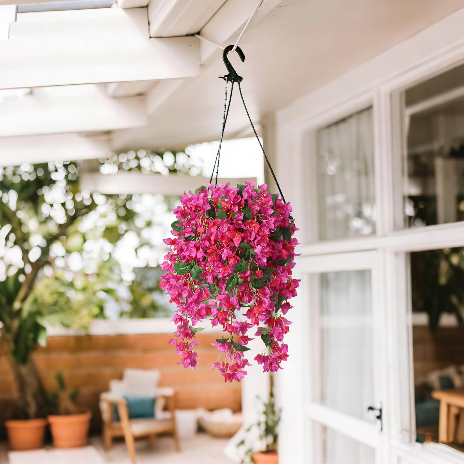 2Pcs Artificial Bougainvillea Hanging Flowers for Outdoor, 30in Silk Faux Pla…