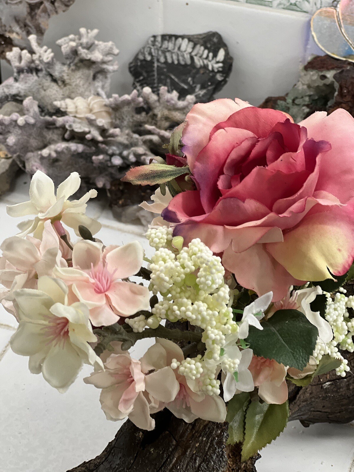 ORIGINAL FLORAL DESIGN WOOD BASE, ROSES, PEACH BLOSSOMS MOSSES BABY BREATH