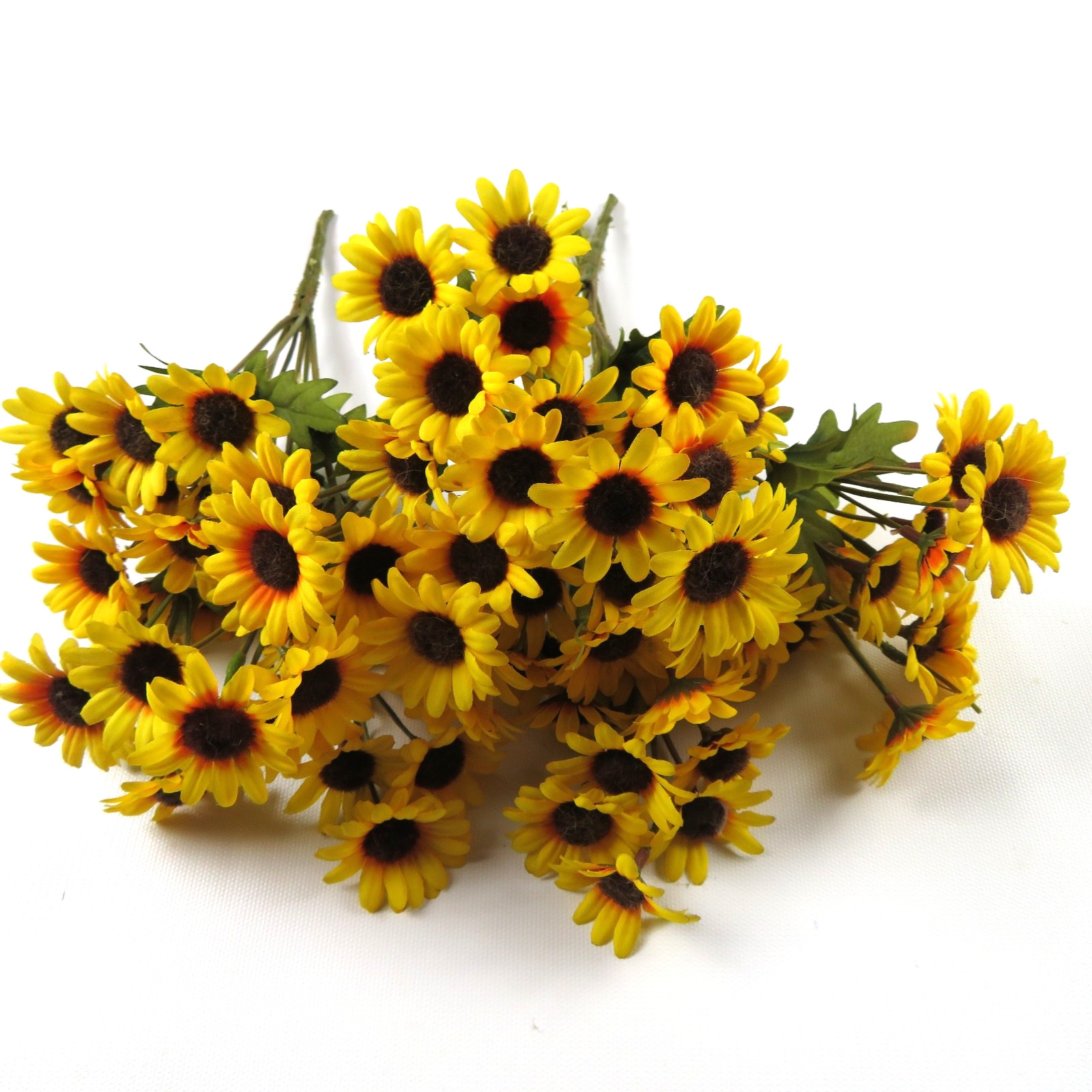 Mixed bouquet of artificial flowers, yellow & orange daisies, blue, 7 bundles