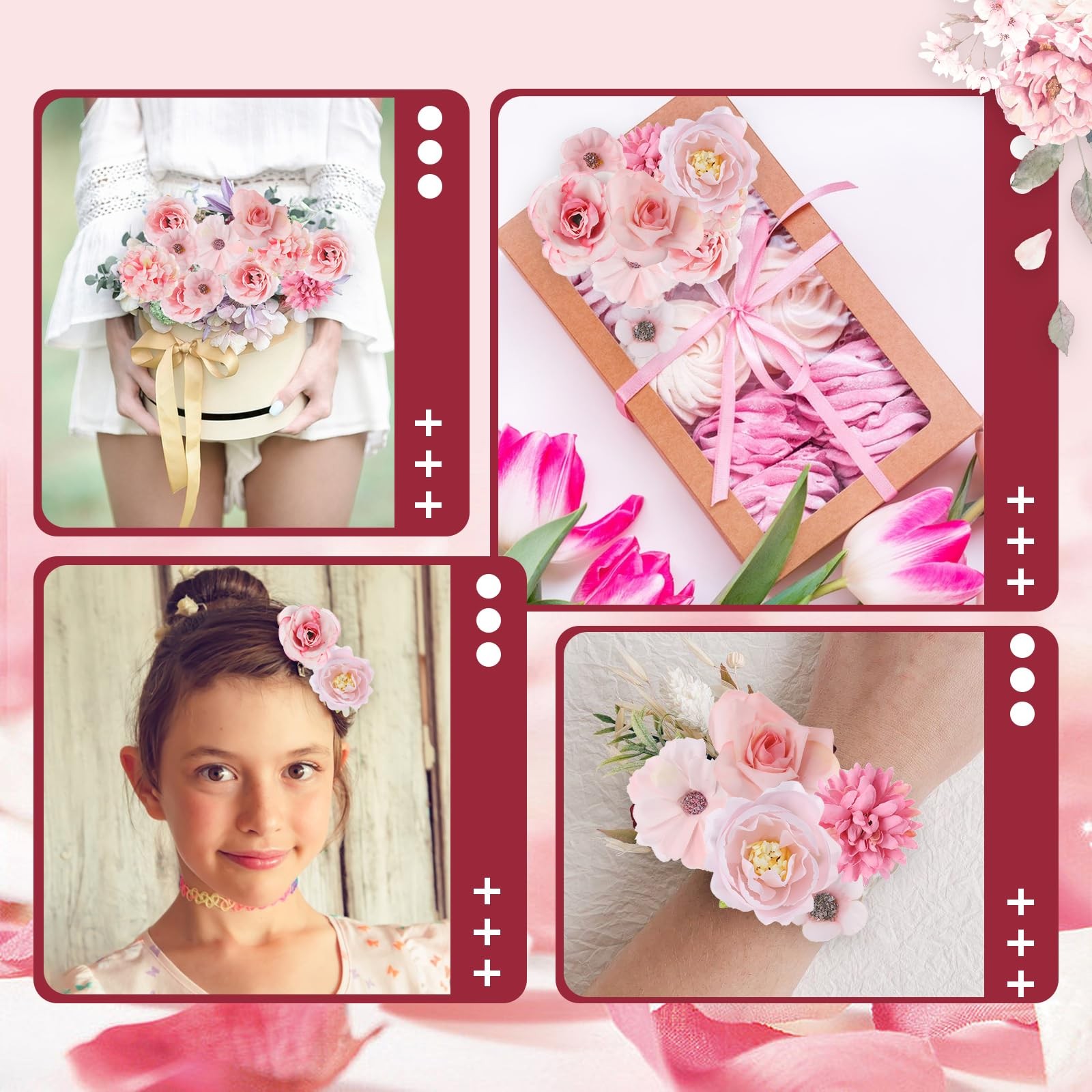 Mini Pink Fake Rose Flowers Silk Fabric Crafts DIY Faux Rose Heads 63 PCS