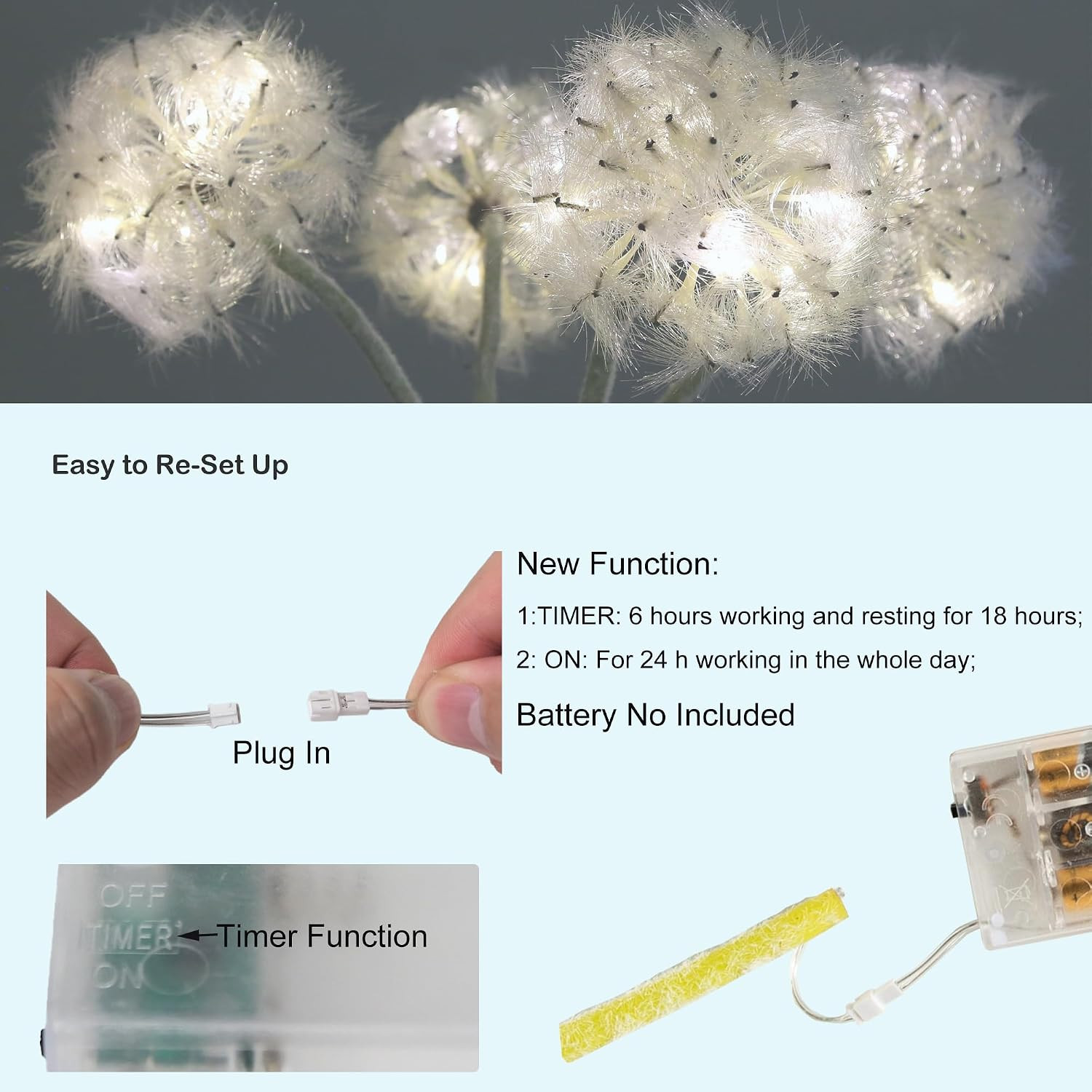 LED Dandelion Flowers with Timer – 4 Pcs Faux Decor for Christmas Home