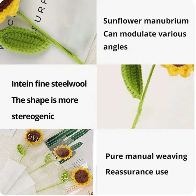 3 pcs Knitted Crochet Sunflower Flower, Handwoven Bouquet Flowers Girl Gift