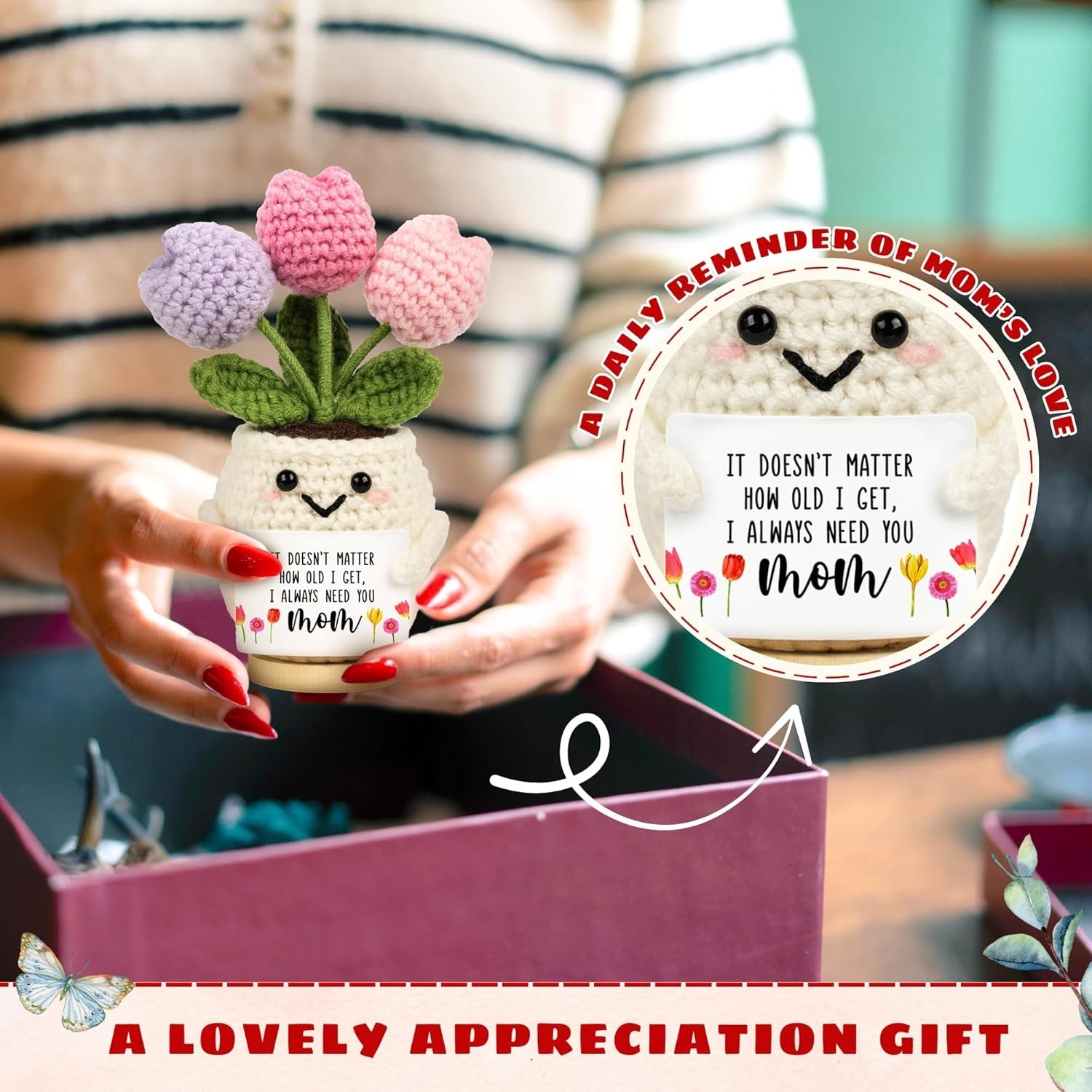Cute Mothers Day Gift for Mom Crochet Tulip Doll Knitted Flower Birthday Gift Ma