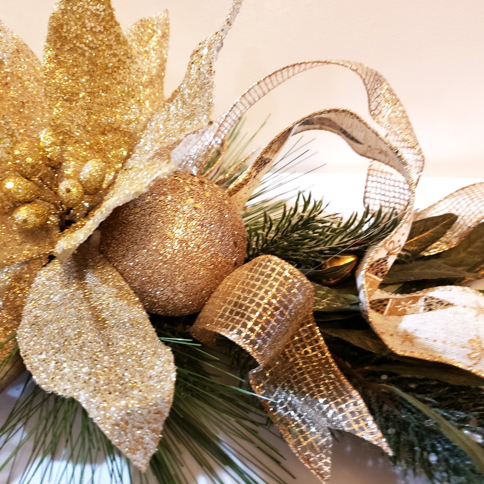 Gold poinsettia Christmas centerpiece, Christmas table swag, Mantel swag, mirror