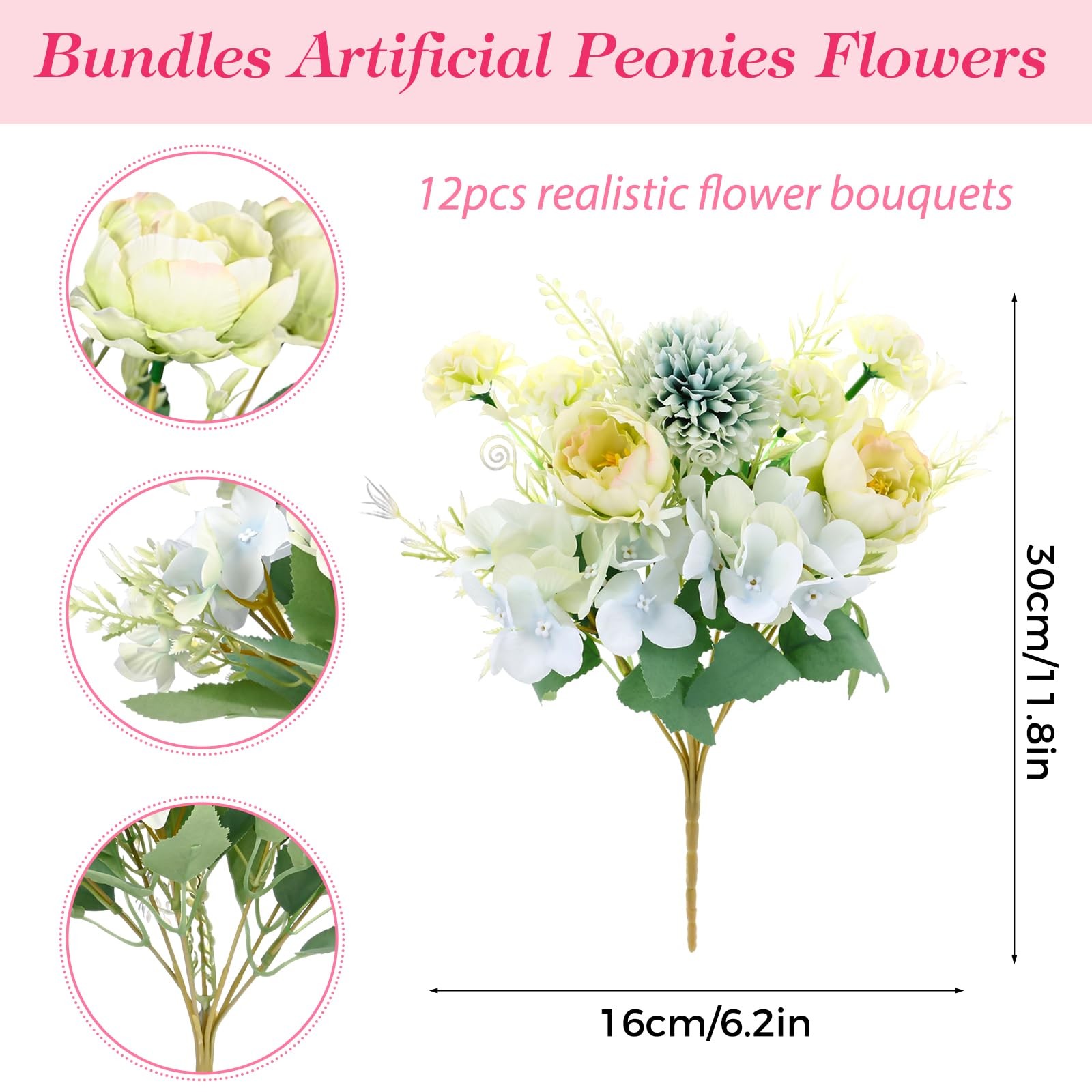 12 PCS Blue Green Peonies Artificial Silk Flowers Fake Bouquet Table Decor