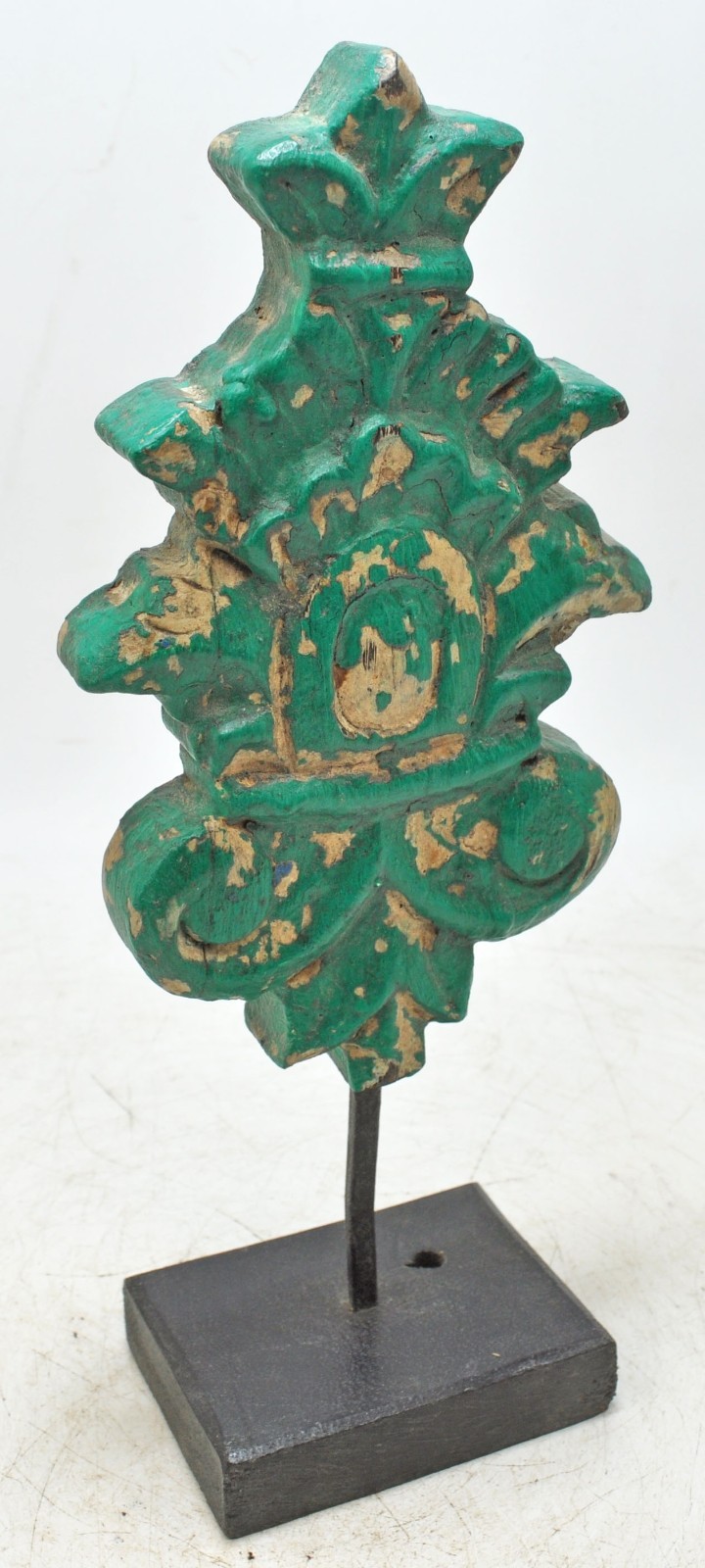 Hand Carved Wooden Flower Carving Panel Plaque on Stand Rustic Green Painted