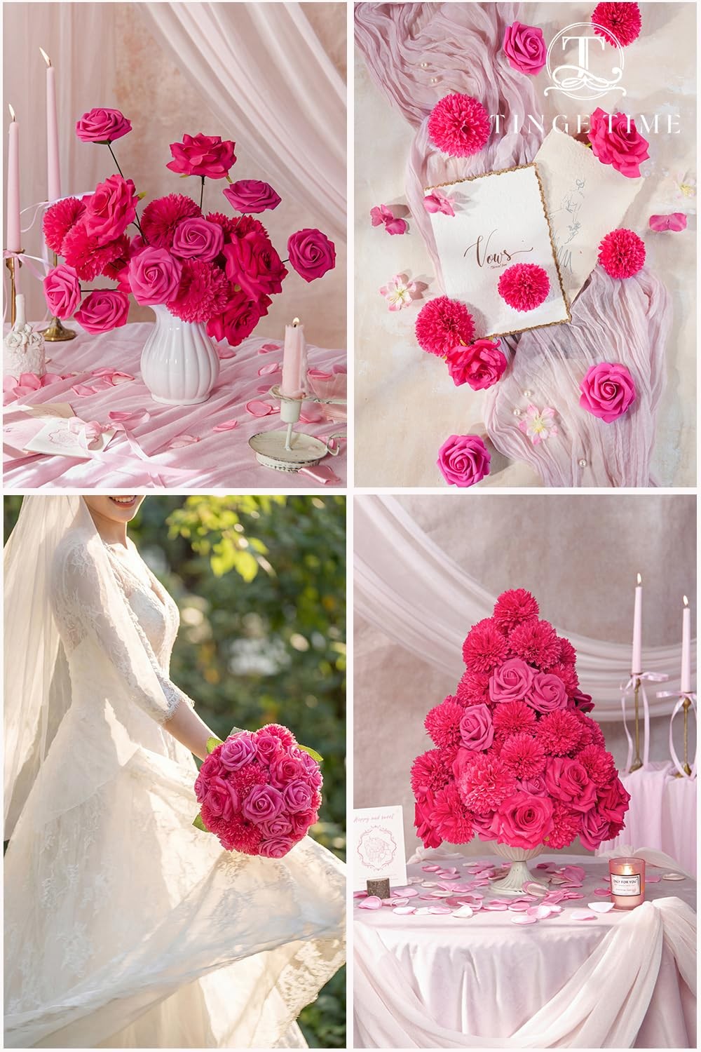 Rose Artificial Flowers Combo, 23pcs Hot Pink Gradient Fake Flowers Chrysanth…