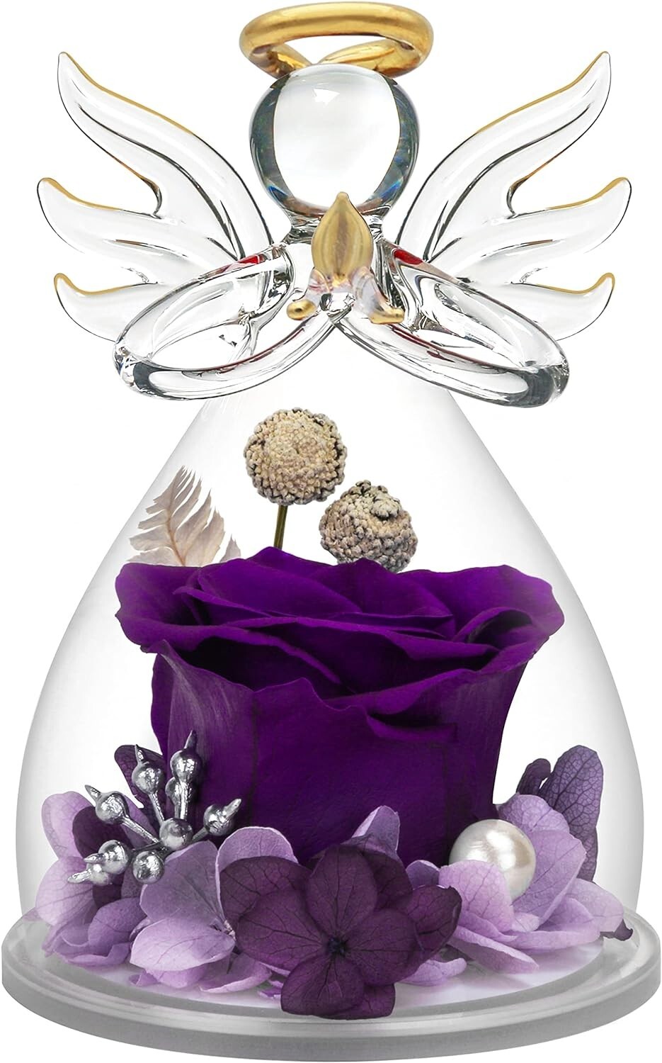 Delicate Purple Rose Angel Figurine with Real Hydrangea Petals – Elegant Gift