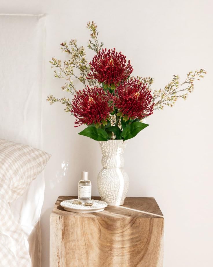 3Pcs Red Artificial Flowers Mums Fall Spider Mum Flower Silk 28.3” Long Stem…