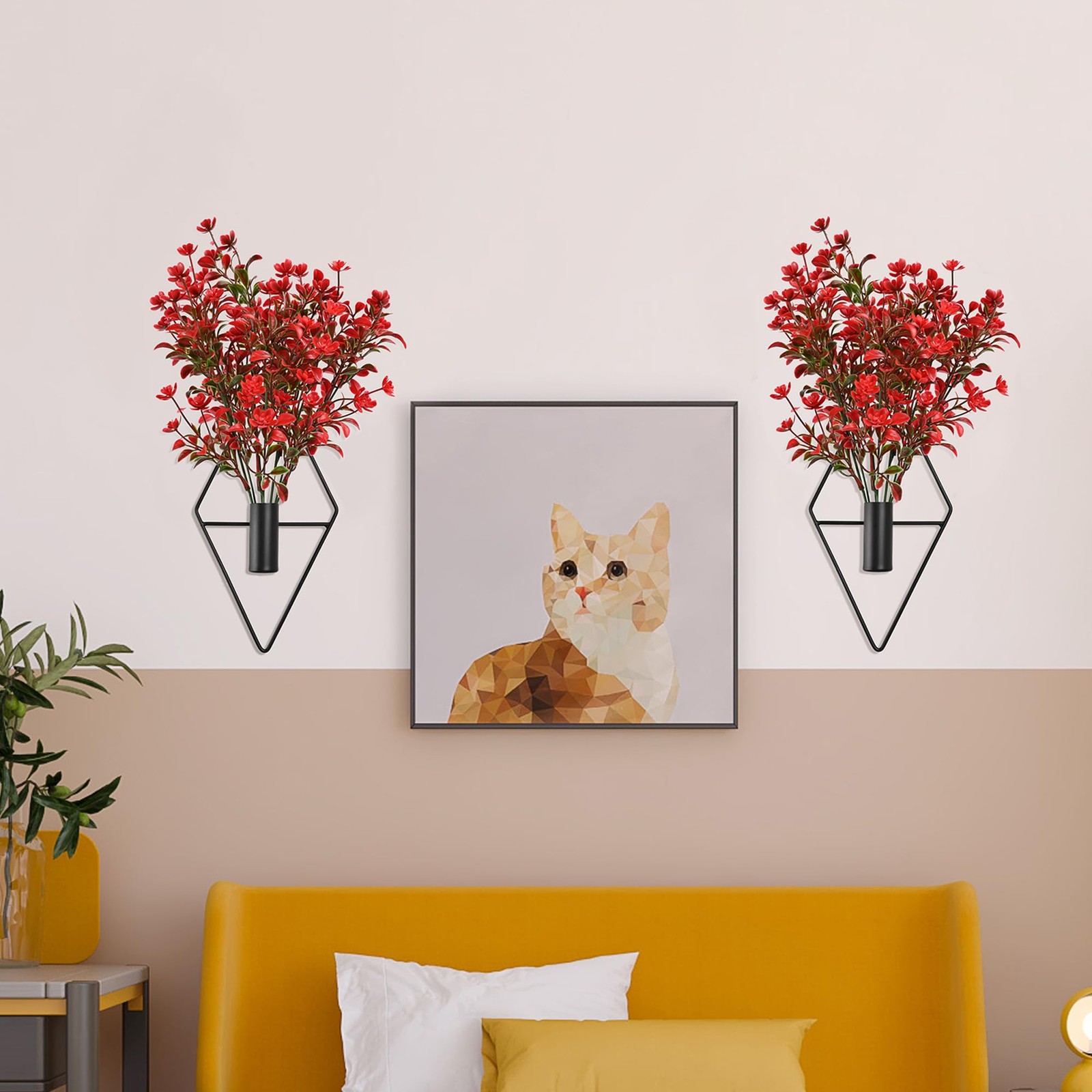 Plant Wall Decor with Red Artificial Flowers in Diamond Hanging Vase Set of 2…