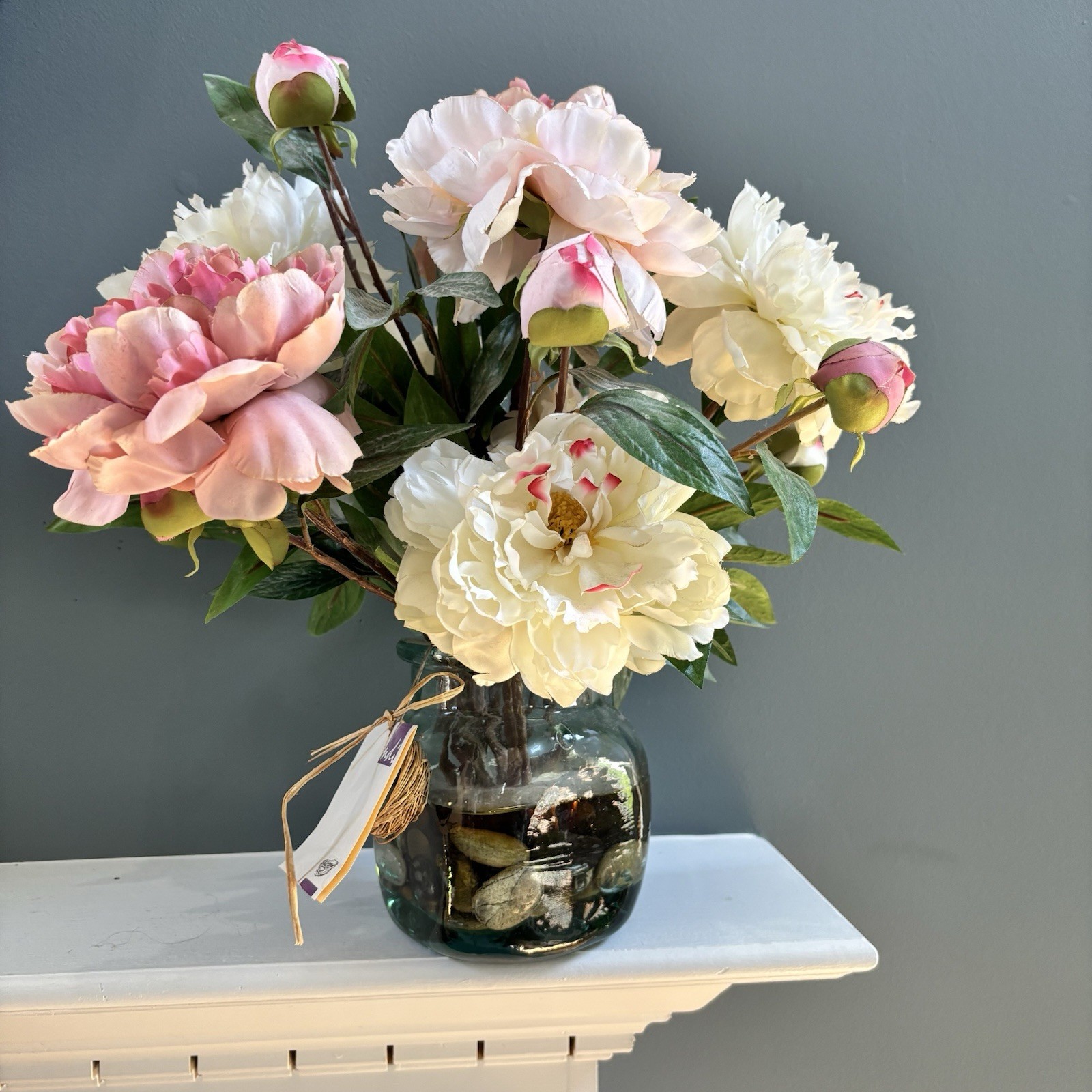 NDI Pink Fuschia Peonies Artificial Flower Arrangement Glass Vase Robbins Nest
