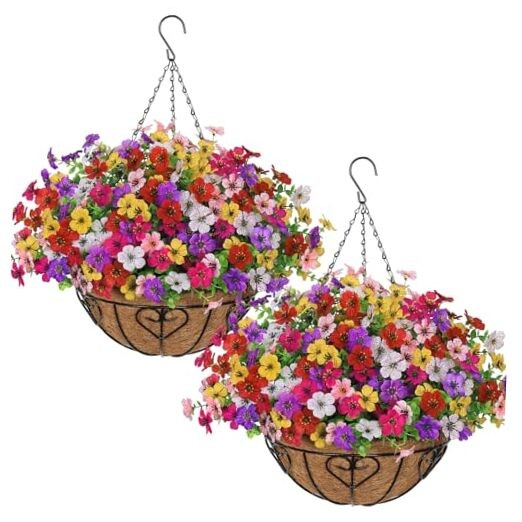 2 Set Artificial Flowers with Hanging Basket, 2 Outdoor 2pcs Azalea 6 Colors