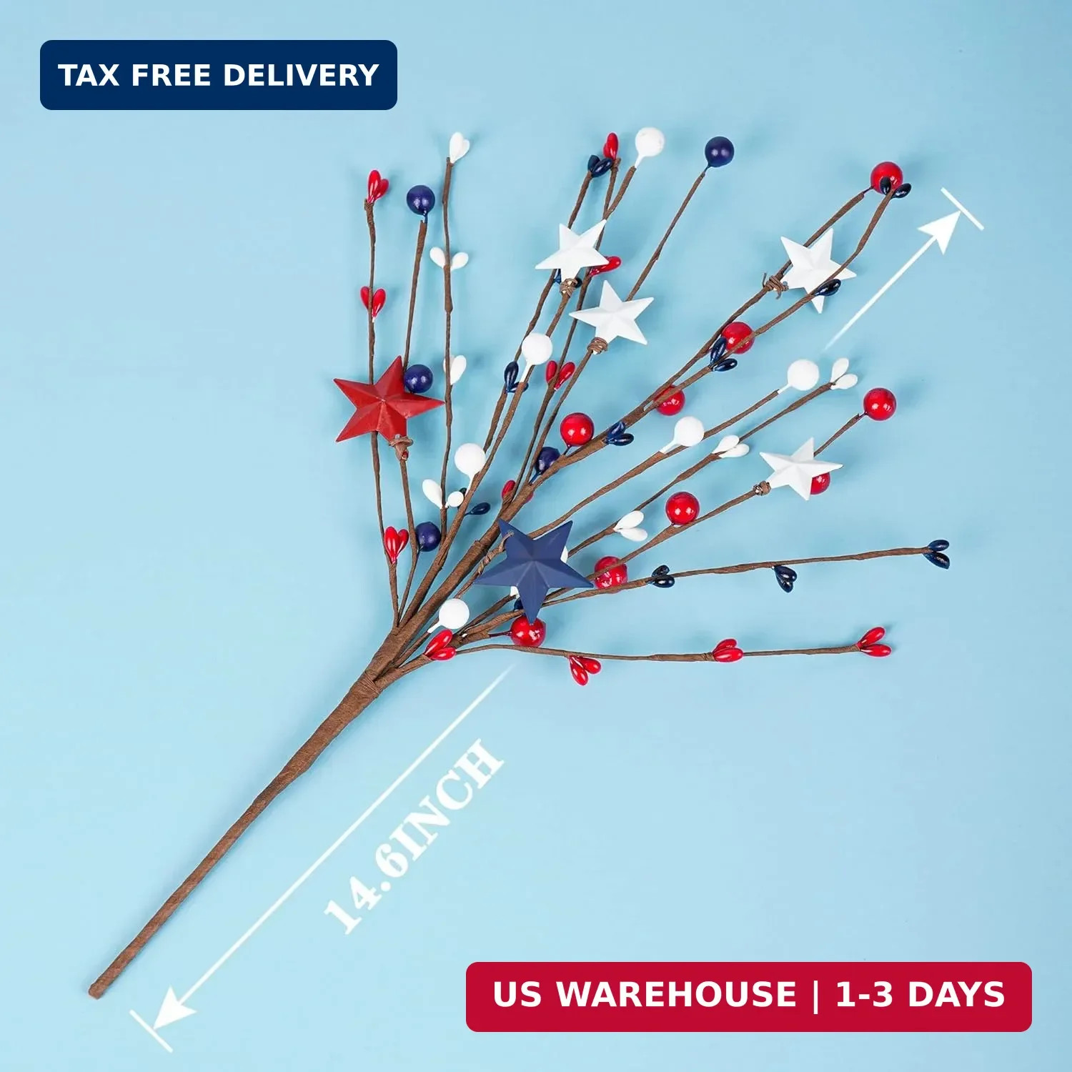 4 Pack Patriotic Artificial Berry Stem Picks White Blue Red Stars for 4th of Jul