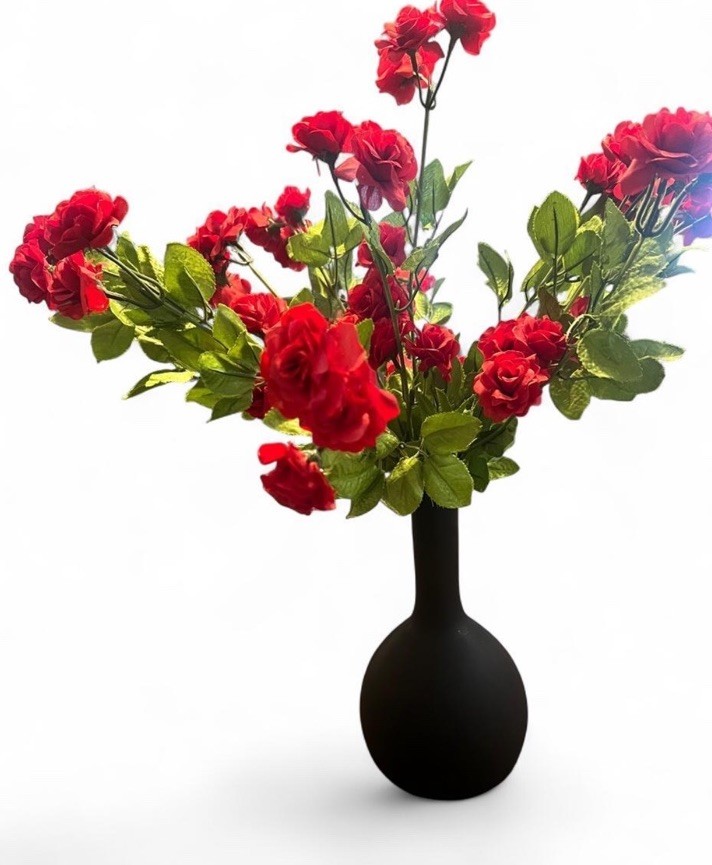 Artificial Red Rose Flower Arrangement & Centerpiece in Black Vase Greenery