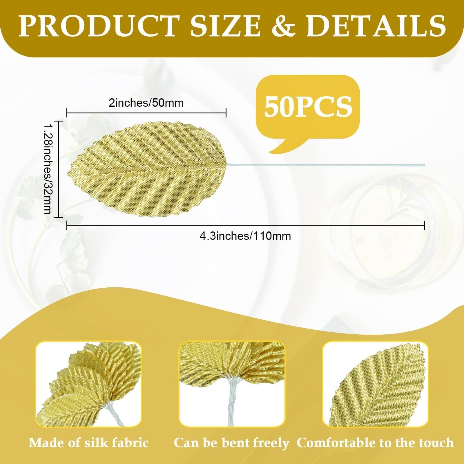 50 PCS Artificial Silk Leaf Fabric Floral Fake Wire Craft Faux Plant Gold