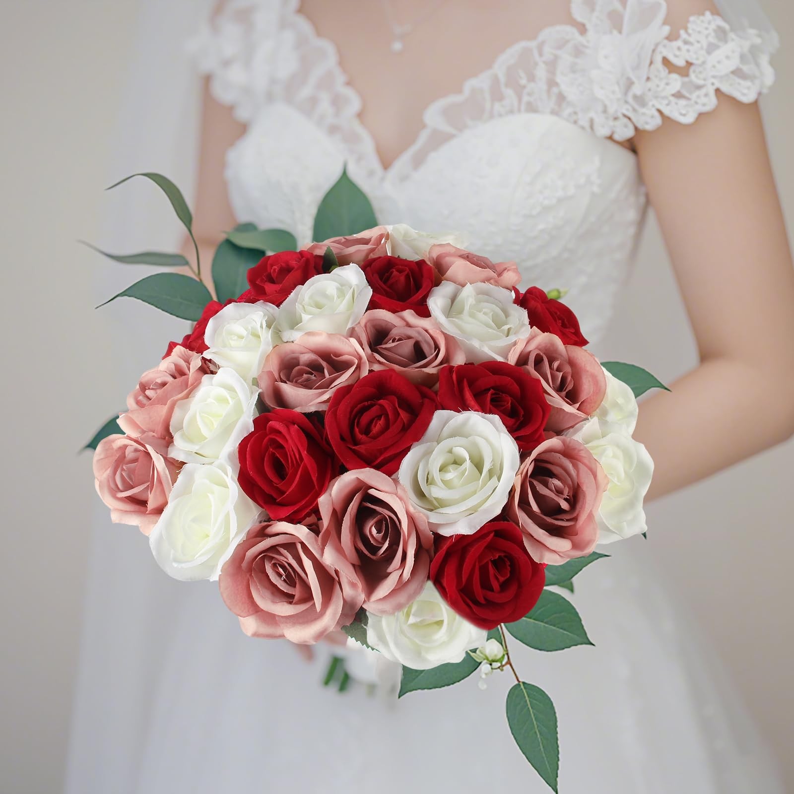 Artificial Roses Bulk White Rosy Silk Rose with Stem, 52pcs Fake Flowers Deco…