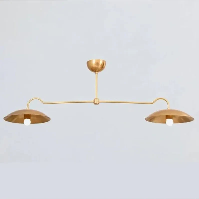 Linear Double Shade Brass Chandelier, Italian Style Mid Century Modern Brass Cei