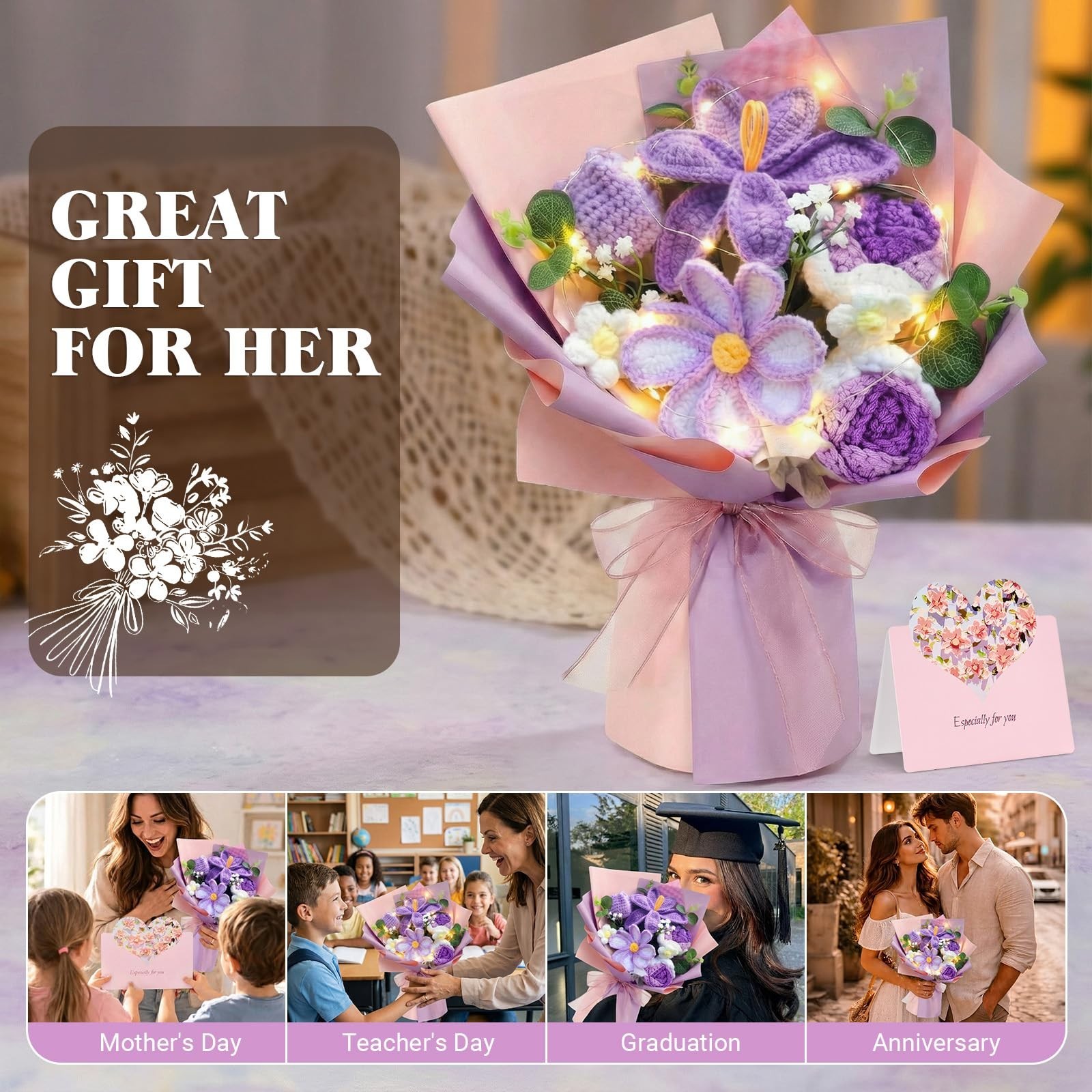 Handmade Crochet Flower Bouquet with Lights – Purple Tulips, Lilies, Roses & Dai