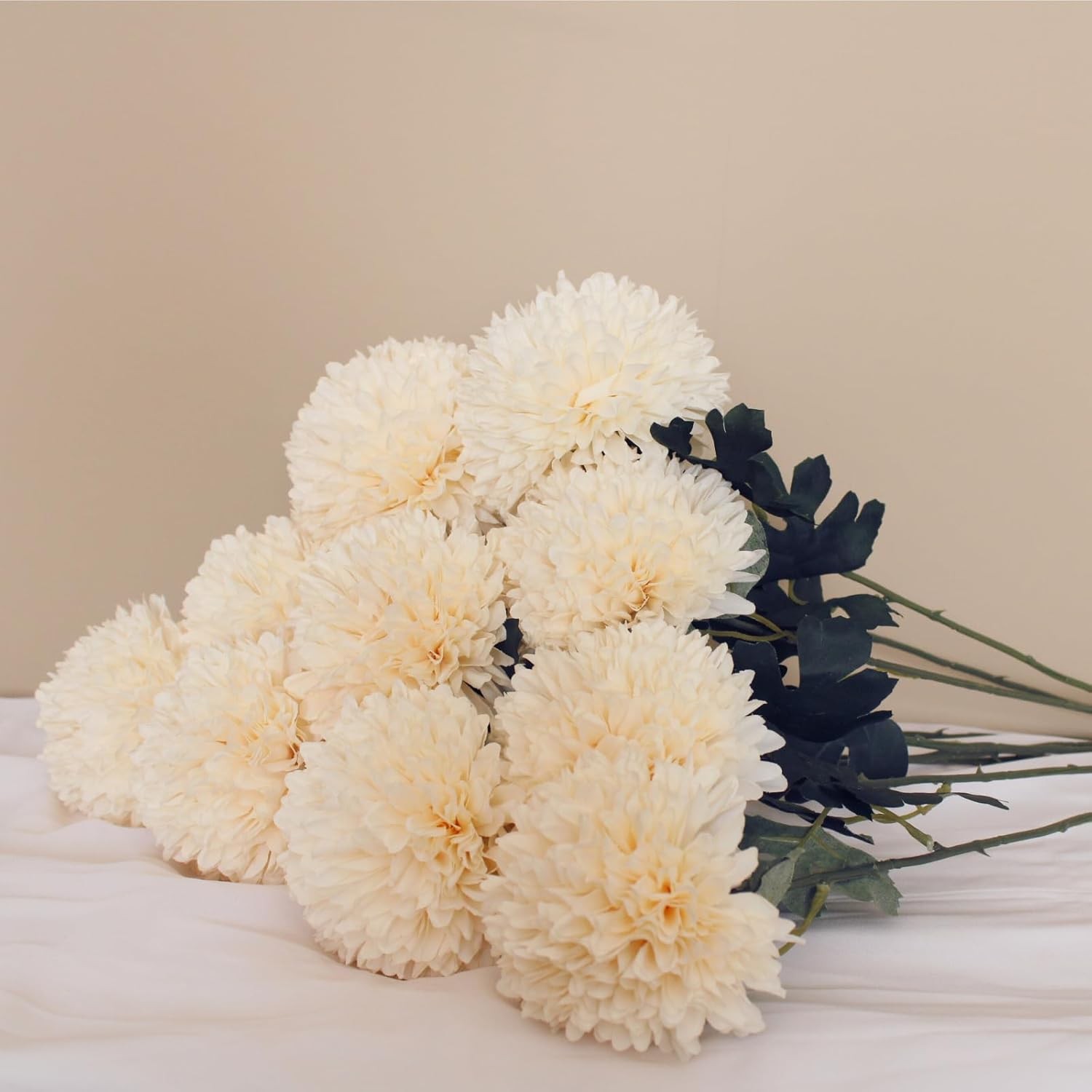Large Kiku Flower Beige 10 Stems, Silk Flowers Bulk Boho Bouquet, Large Artifici