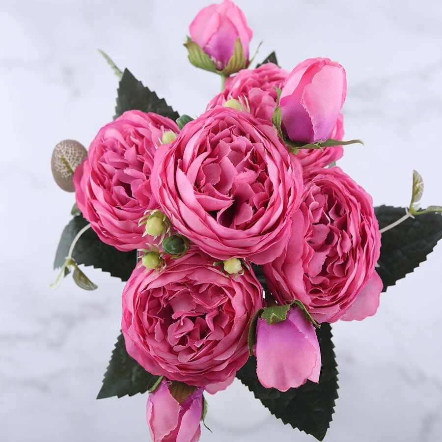 30cm Rose Pink Silk Peony Artificial Flower Bouquet 5 Big Head 4 Bud Flowers DIY