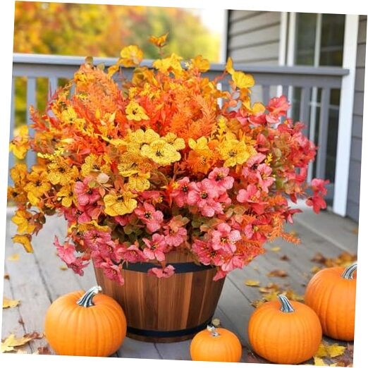 Artificial Fall Flowers for Outdoor, 16 Bundles Fake Fall Yellow Light Orange