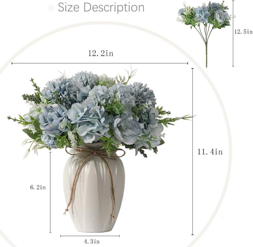 Flor Artificial En Florero Flores De Hortensias Azules De Seda Con Florero, …