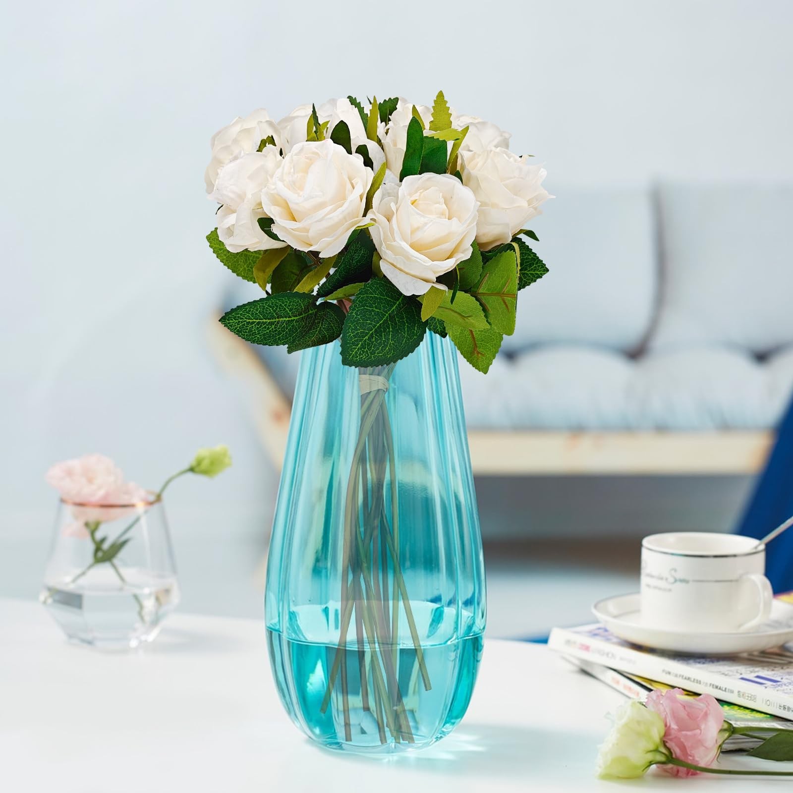 13 PCS Cream White Artificial Roses Fake Bouquet Realistic Faux Centerpiece