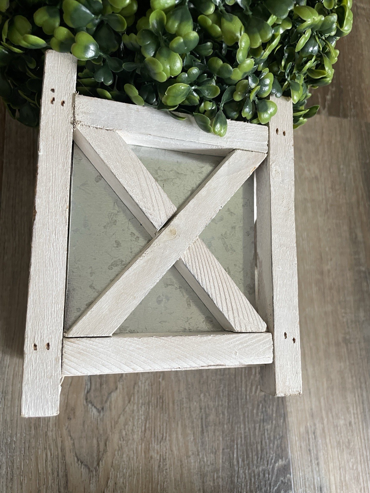 Faux Boxwood 8-9” Topiary in White Rustic Crate – Green