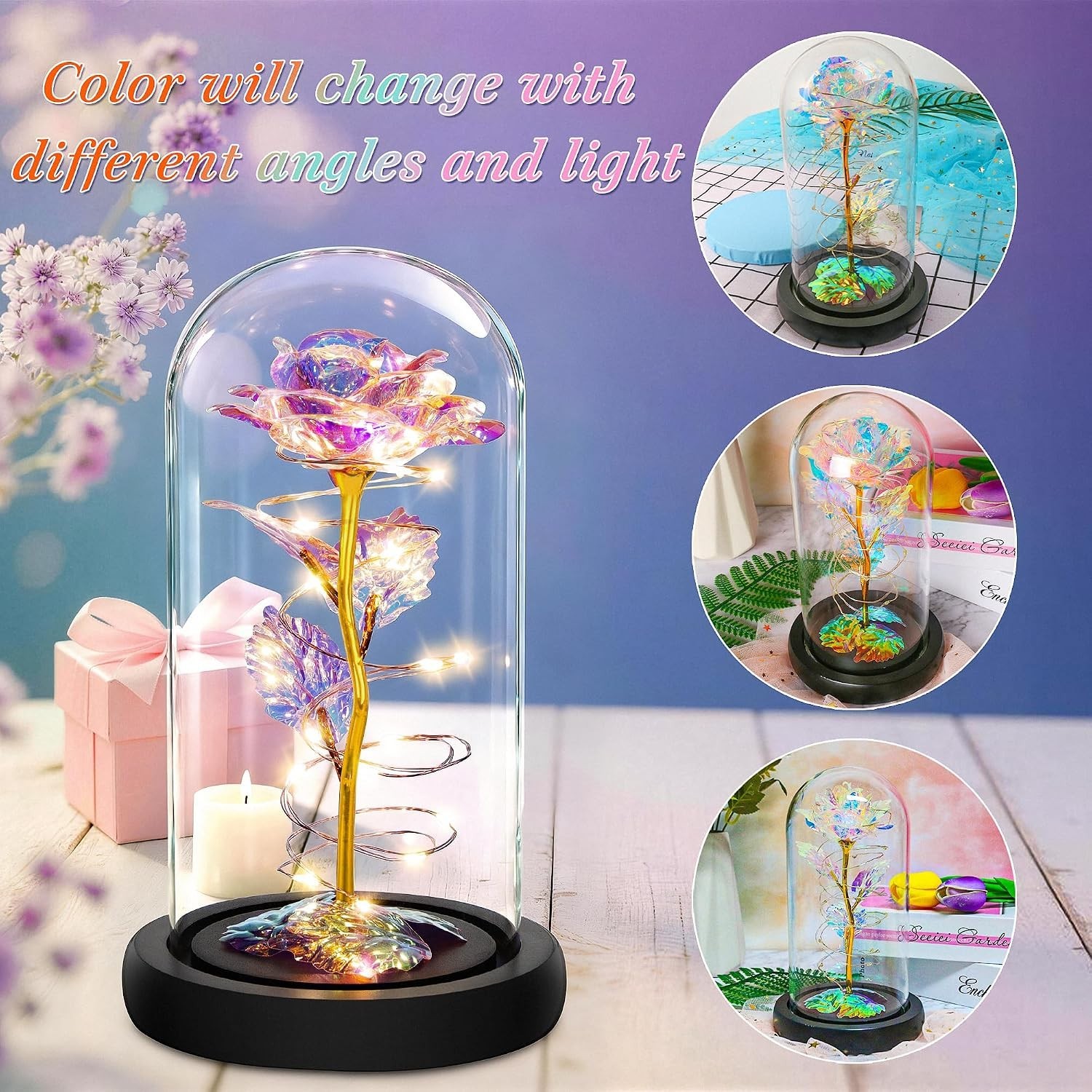 Eternal Rainbow Rose Gift with LED Lights in Glass Dome – Timeless Love Symbol