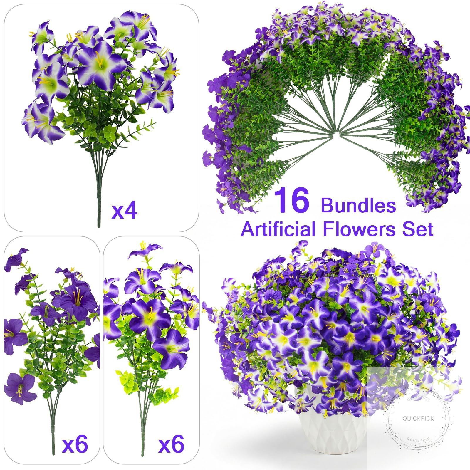 16 Pcs Faux Petunias Artificial Flowers for Outdoors, UV Resistant Fake Purple