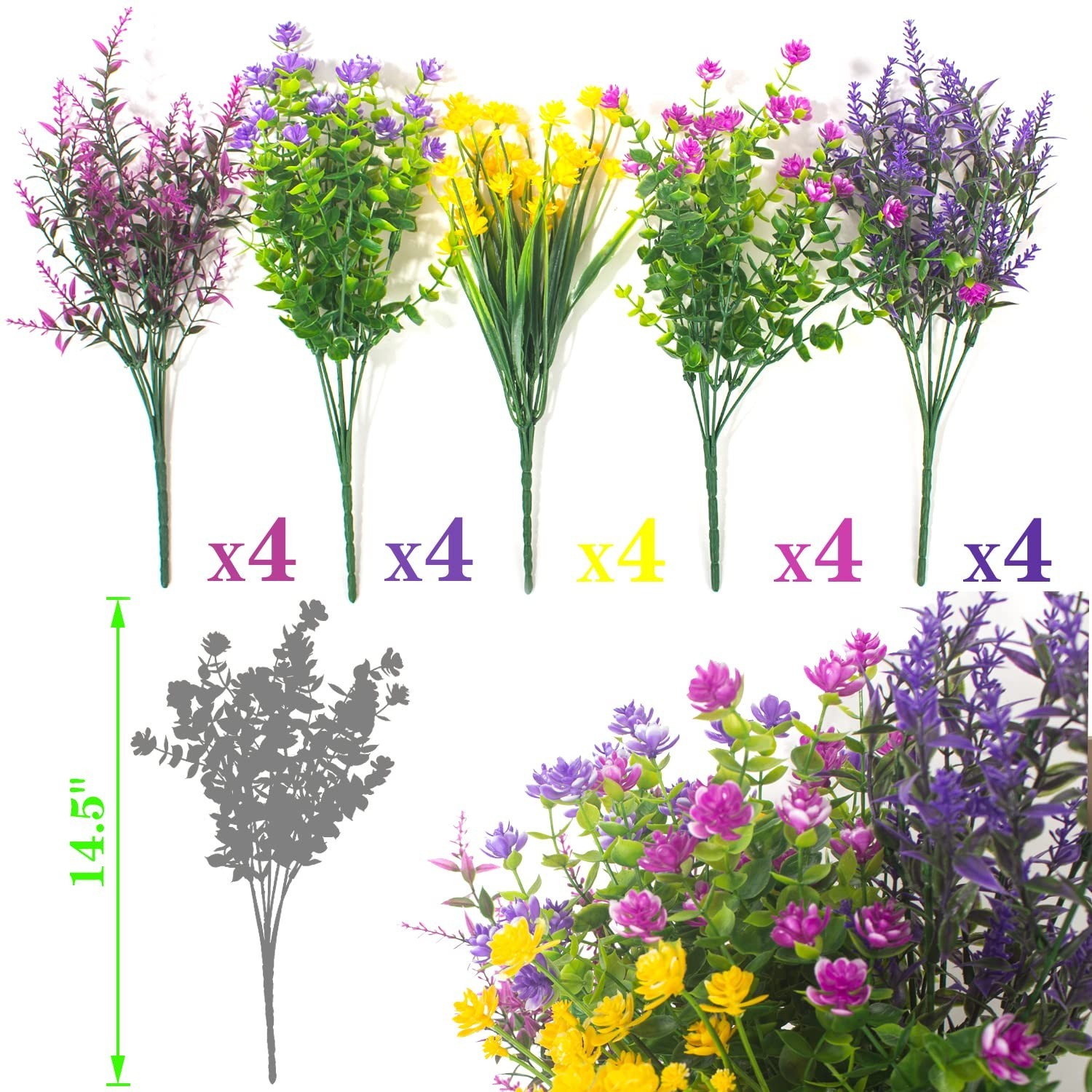 20 Bundles UV Resistant Artificial Flowers – No Fade Faux Plants for Garden, Pat